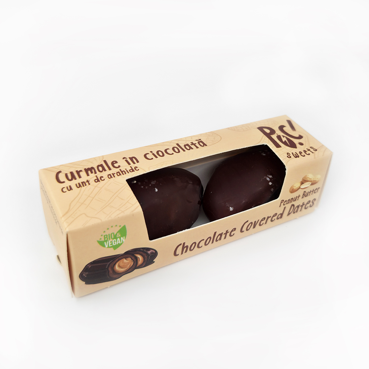 Curmale umplute cu unt de arahide, acoperite cu ciocolata 50g, ecologice