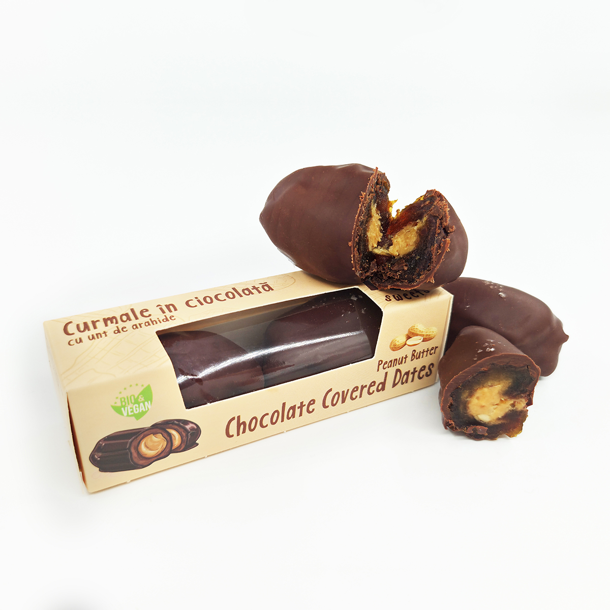 Curmale umplute cu unt de arahide, acoperite cu ciocolata 50g, ecologice - imagine 3